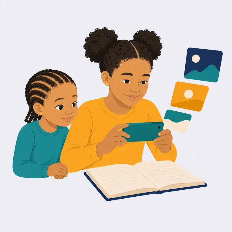 Two children at a table photographing an open book with a phone, with study cards lifting off the page.